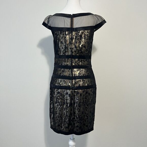 Tadashi Shoji Black Gold Sequin Mesh Illusion Cocktail Sheath Dress Size 8 - Picture 5 of 11